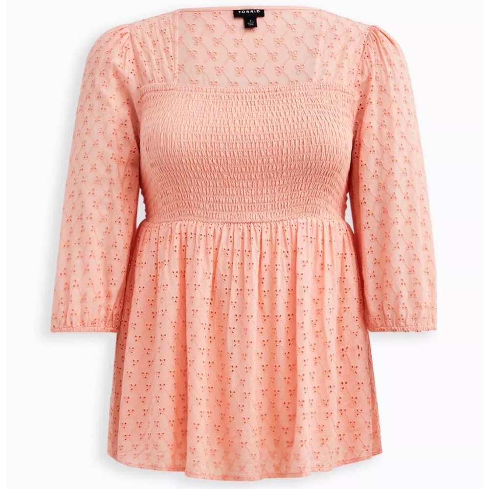Torrid Plus-Size Smocked Babydoll Top - Voile Eyelet Peach Size 1X